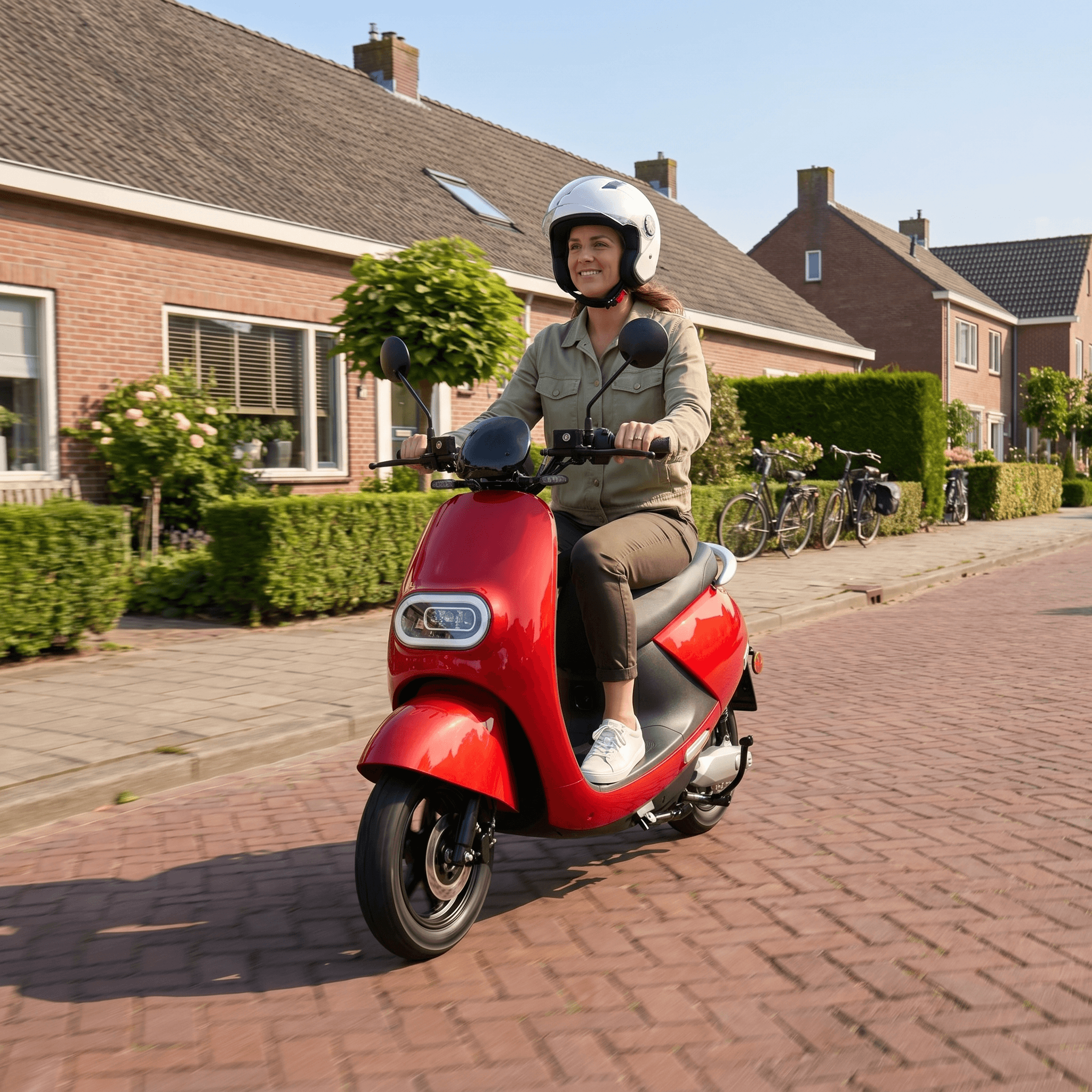 IVA E-GO S3 rode elektrische scooter op straat, zicht op stuur en wielen, compact en modern design.
